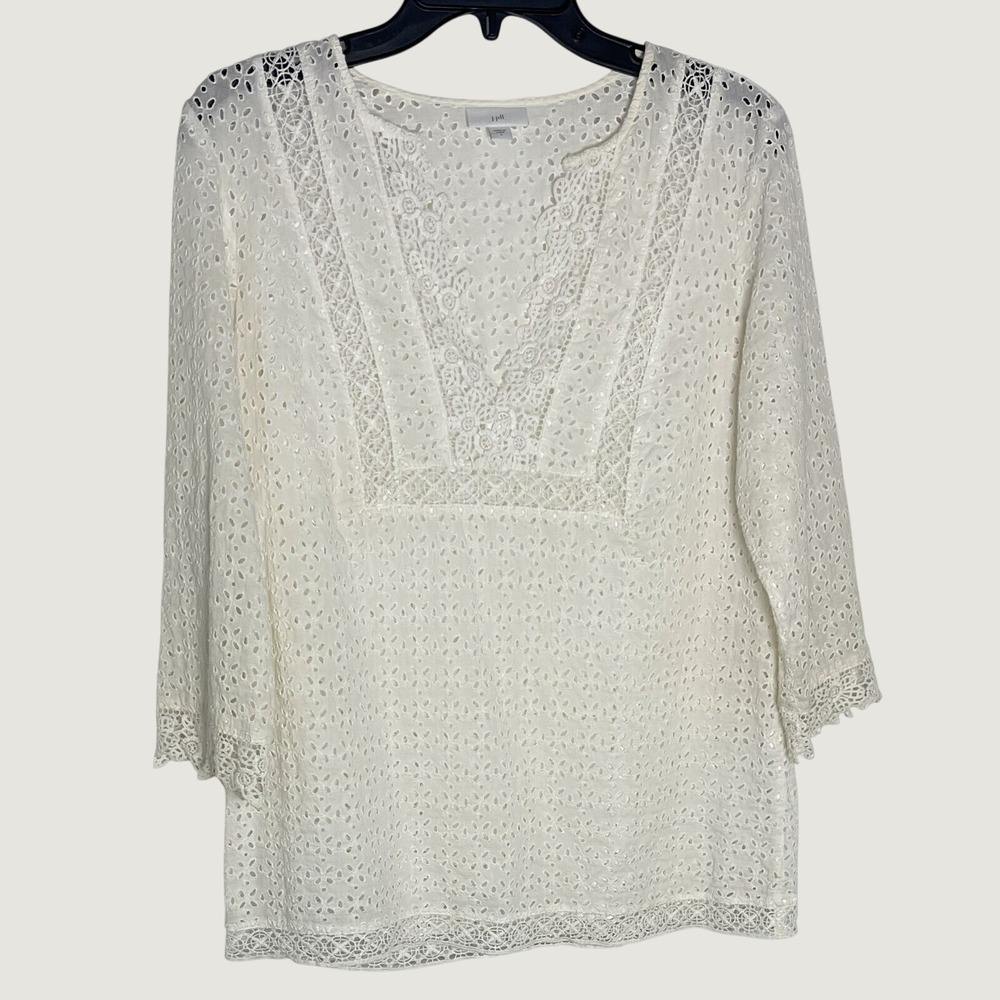 J Jill Small White Eyelet Lace Cotton Boho Blouse - Picture 2 of 8